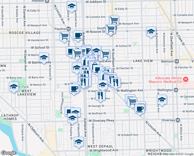 map of restaurants, bars, coffee shops, grocery stores, and more near 3031 North Greenview Avenue in Chicago