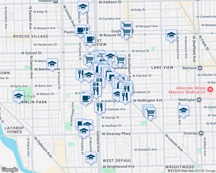 map of restaurants, bars, coffee shops, grocery stores, and more near 1530 West Nelson Street in Chicago
