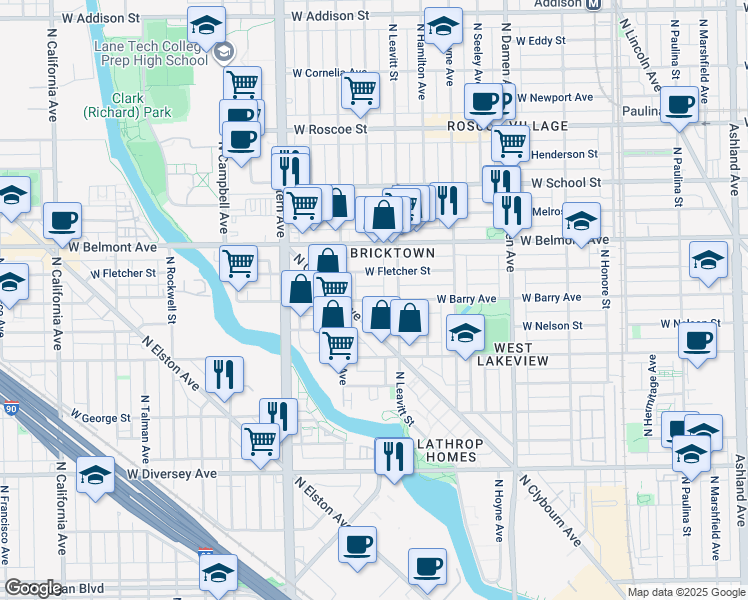 map of restaurants, bars, coffee shops, grocery stores, and more near 3037 North Clybourn Avenue in Chicago
