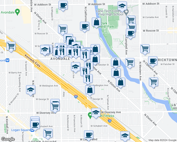 map of restaurants, bars, coffee shops, grocery stores, and more near 3043 North California Avenue in Chicago