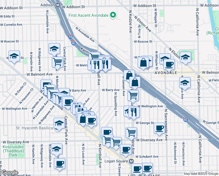 map of restaurants, bars, coffee shops, grocery stores, and more near 3041 North Christiana Avenue in Chicago