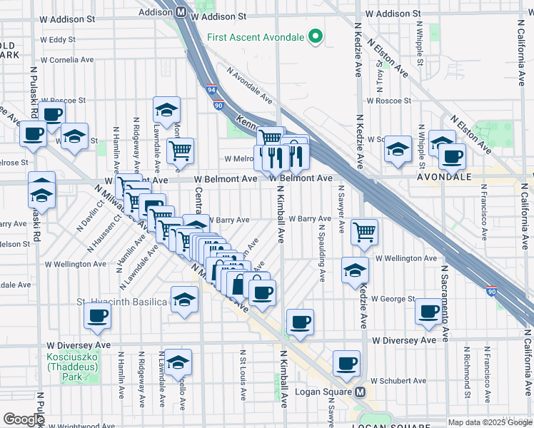 map of restaurants, bars, coffee shops, grocery stores, and more near 3038 North Gresham Avenue in Chicago