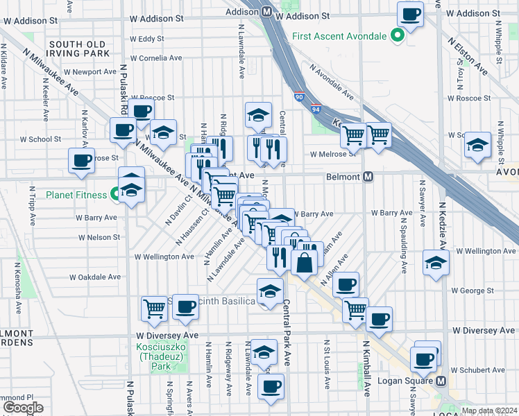 map of restaurants, bars, coffee shops, grocery stores, and more near 3048 North Monticello Avenue in Chicago