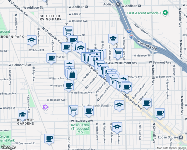 map of restaurants, bars, coffee shops, grocery stores, and more near 3076 North Haussen Court in Chicago