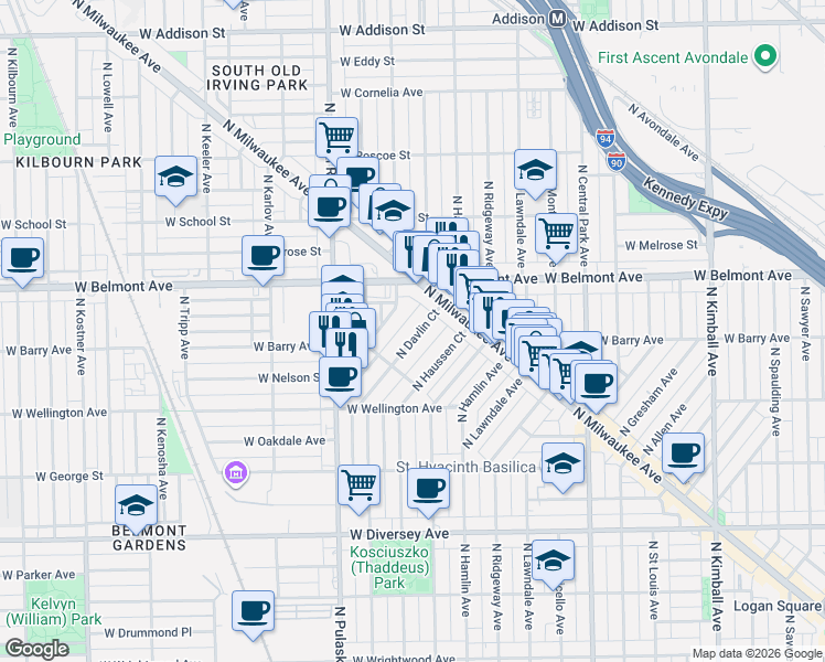 map of restaurants, bars, coffee shops, grocery stores, and more near 3075 North Davlin Court in Chicago