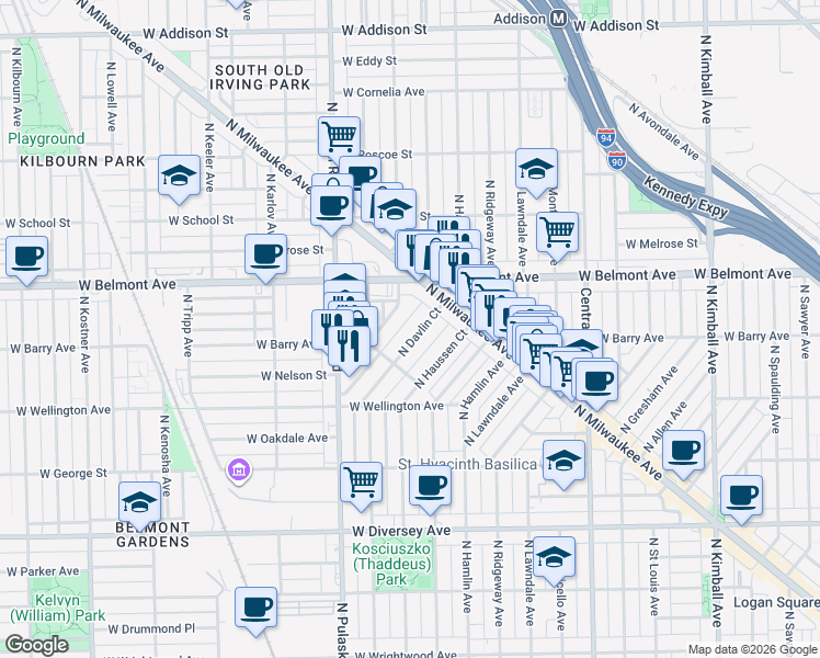 map of restaurants, bars, coffee shops, grocery stores, and more near 3075 North Davlin Court in Chicago