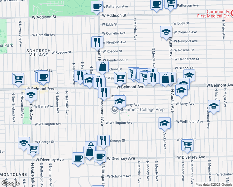 map of restaurants, bars, coffee shops, grocery stores, and more near 6321 West Fletcher Street in Chicago