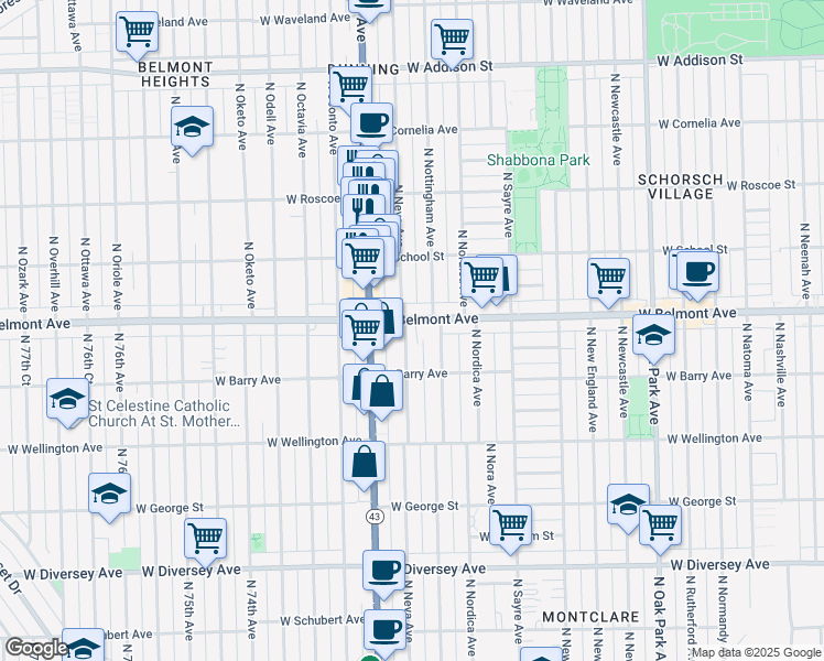 map of restaurants, bars, coffee shops, grocery stores, and more near 3116 North Neva Avenue in Chicago