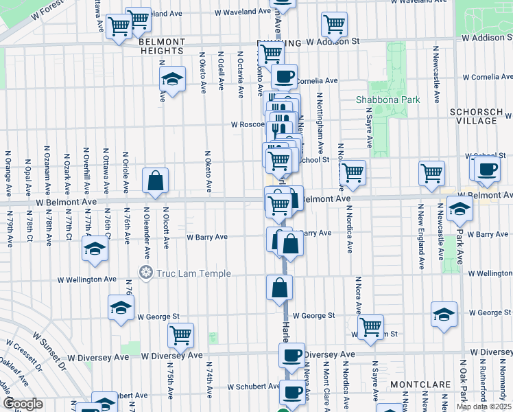 map of restaurants, bars, coffee shops, grocery stores, and more near 3120 North Oconto Avenue in Chicago