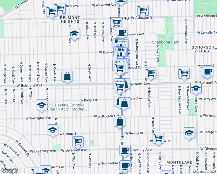 map of restaurants, bars, coffee shops, grocery stores, and more near 3120 North Oconto Avenue in Chicago