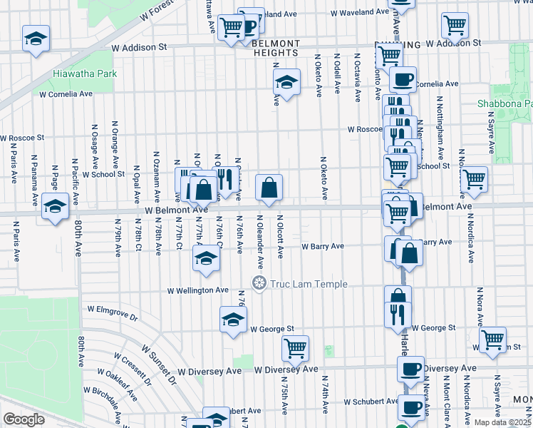 map of restaurants, bars, coffee shops, grocery stores, and more near 3124 North Olcott Avenue in Chicago