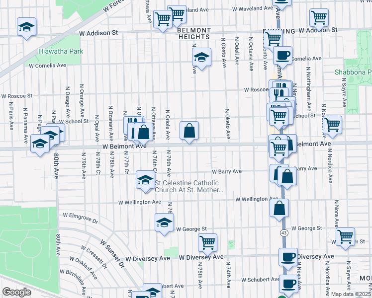 map of restaurants, bars, coffee shops, grocery stores, and more near 3124 North Olcott Avenue in Chicago