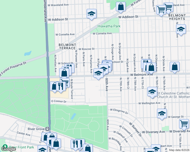 map of restaurants, bars, coffee shops, grocery stores, and more near 8001 West Belmont Avenue in River Grove