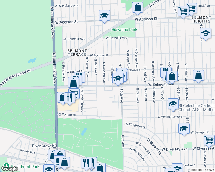 map of restaurants, bars, coffee shops, grocery stores, and more near 8001 West Belmont Avenue in River Grove