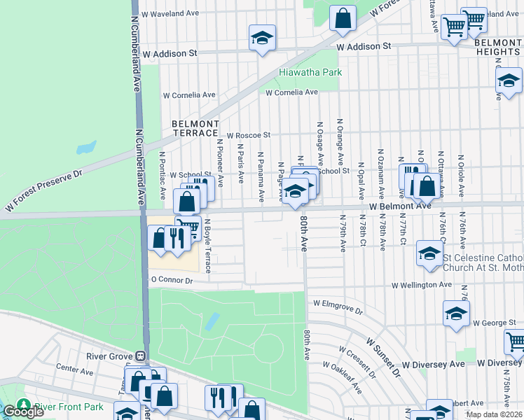map of restaurants, bars, coffee shops, grocery stores, and more near 3121 Paris Avenue in River Grove