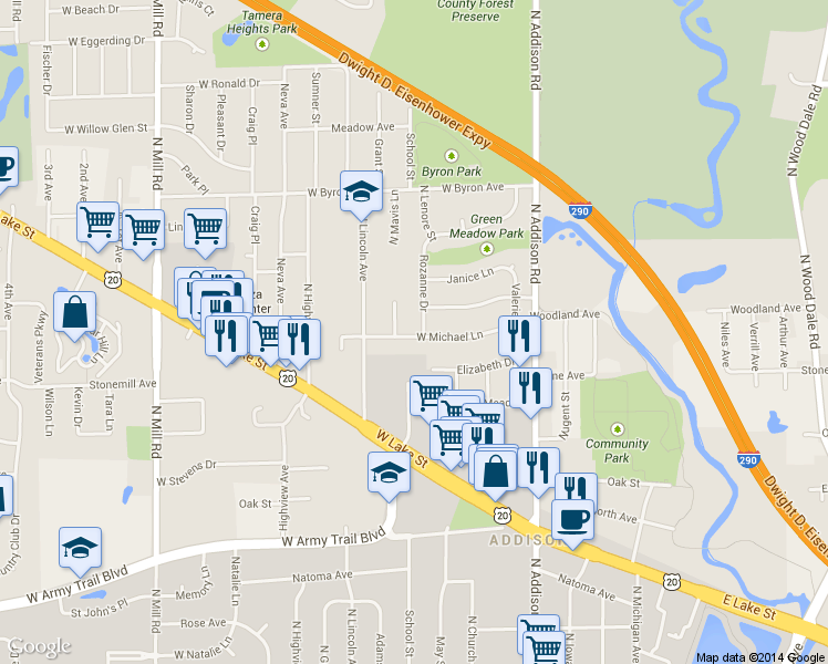 map of restaurants, bars, coffee shops, grocery stores, and more near 126 Elizabeth Drive in Addison