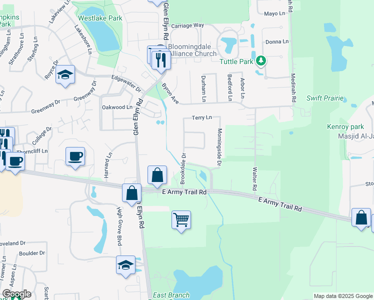 map of restaurants, bars, coffee shops, grocery stores, and more near 324A Brookdale Drive in Bloomingdale