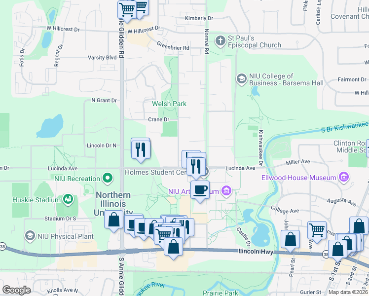 map of restaurants, bars, coffee shops, grocery stores, and more near 631 Lucinda Avenue in DeKalb