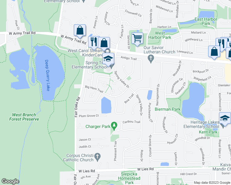 map of restaurants, bars, coffee shops, grocery stores, and more near 1321 Petersburg Court in Carol Stream