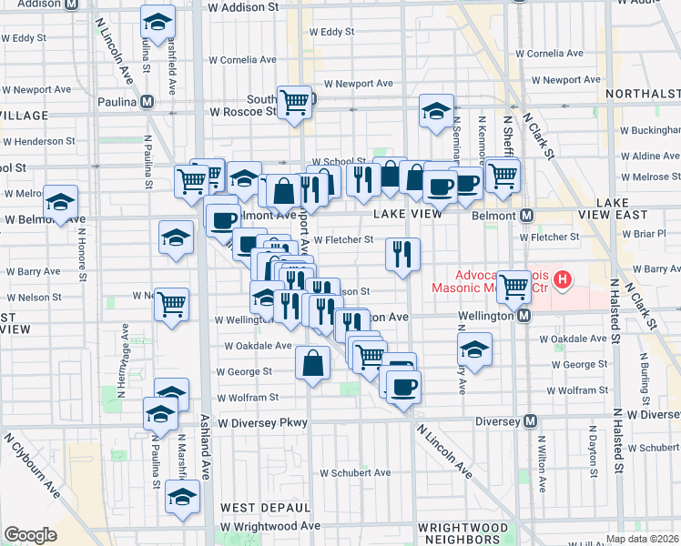 map of restaurants, bars, coffee shops, grocery stores, and more near 1319 West Barry Avenue in Chicago