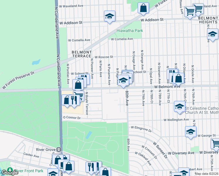 map of restaurants, bars, coffee shops, grocery stores, and more near 3121 Paris Avenue in River Grove