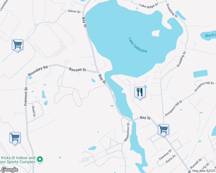 map of restaurants, bars, coffee shops, grocery stores, and more near Bay Street in Taunton