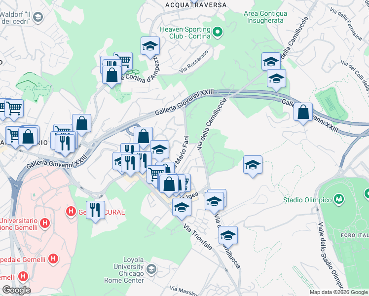 map of restaurants, bars, coffee shops, grocery stores, and more near 83 Via Mario Fani in Rome