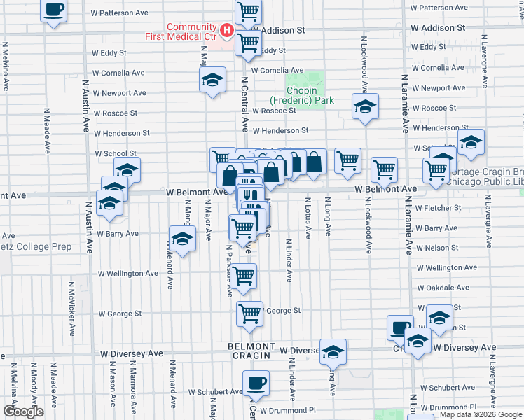 map of restaurants, bars, coffee shops, grocery stores, and more near 3105 North Luna Avenue in Chicago