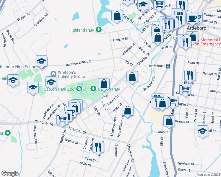 map of restaurants, bars, coffee shops, grocery stores, and more near 195 County Street in Attleboro