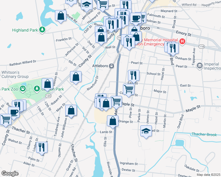 map of restaurants, bars, coffee shops, grocery stores, and more near 12 Manchester Street in Attleboro