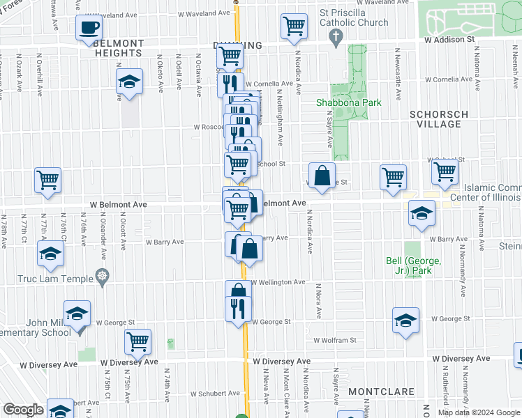 map of restaurants, bars, coffee shops, grocery stores, and more near 3116 North Neva Avenue in Chicago
