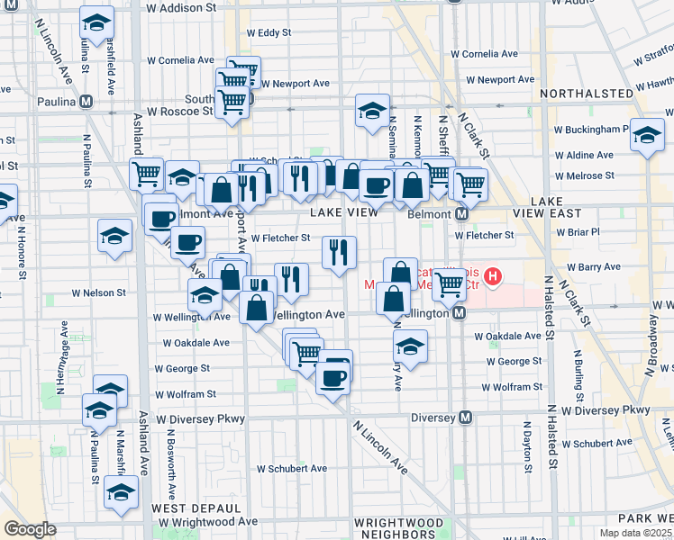 map of restaurants, bars, coffee shops, grocery stores, and more near 1223 West Fletcher Street in Chicago