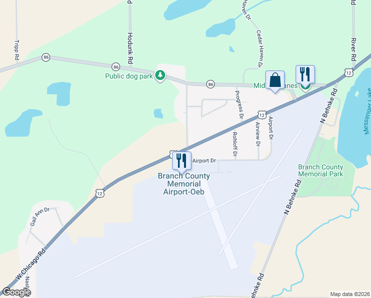 map of restaurants, bars, coffee shops, grocery stores, and more near 517 West Chicago Road in Coldwater