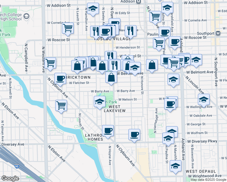 map of restaurants, bars, coffee shops, grocery stores, and more near N Damen Ave & W Barry Ave in Chicago