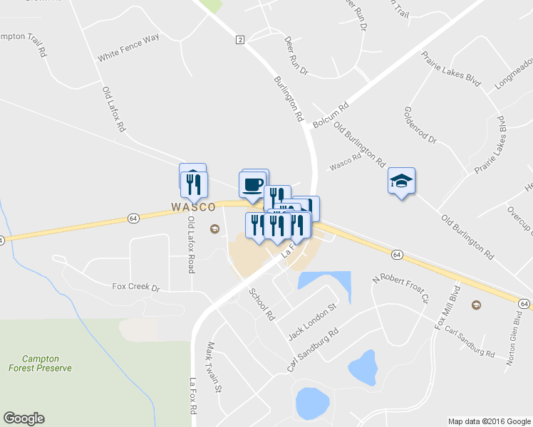 map of restaurants, bars, coffee shops, grocery stores, and more near 40W301 Rte 64 in St Charles
