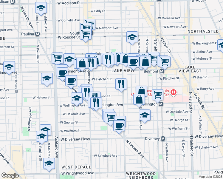 map of restaurants, bars, coffee shops, grocery stores, and more near 1241 West Barry Avenue in Chicago