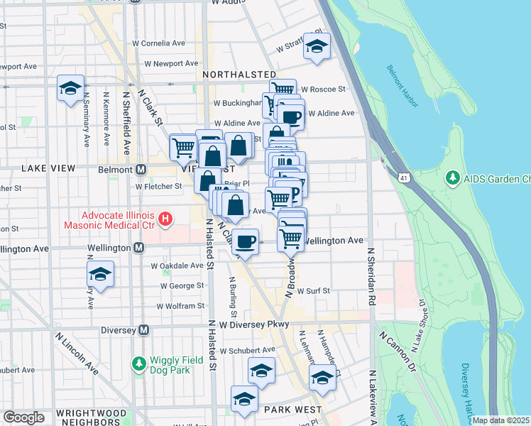 map of restaurants, bars, coffee shops, grocery stores, and more near 635 West Barry Avenue in Chicago