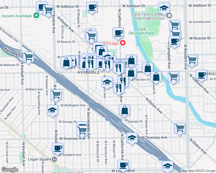 map of restaurants, bars, coffee shops, grocery stores, and more near 2848 West Barry Avenue in Chicago