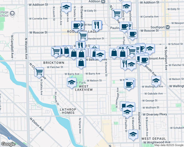 map of restaurants, bars, coffee shops, grocery stores, and more near 1913 West Fletcher Street in Chicago
