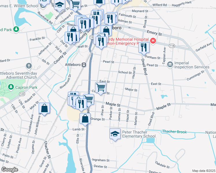 map of restaurants, bars, coffee shops, grocery stores, and more near 176 Pine Street in Attleboro