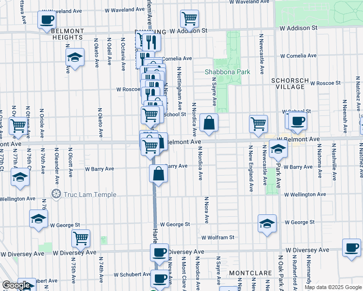 map of restaurants, bars, coffee shops, grocery stores, and more near 3215 North Nottingham Avenue in Chicago