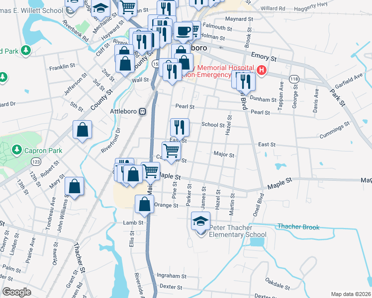 map of restaurants, bars, coffee shops, grocery stores, and more near 28 East Street in Attleboro