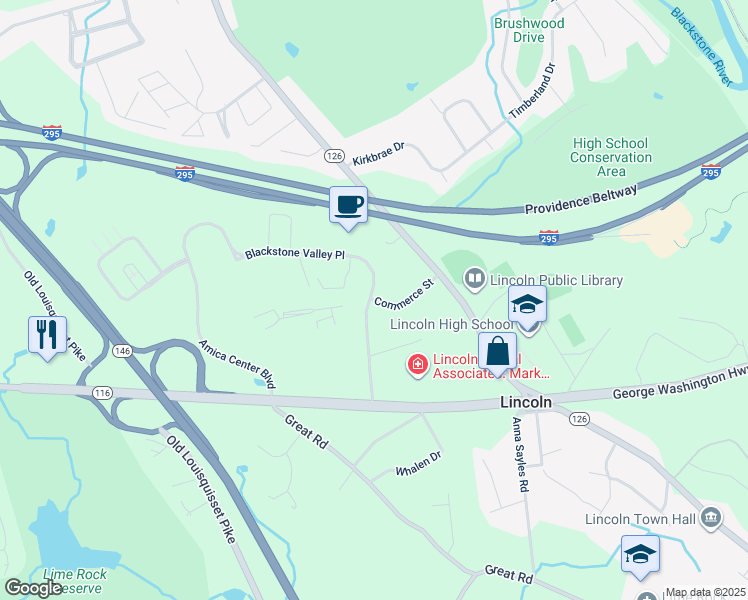 map of restaurants, bars, coffee shops, grocery stores, and more near 8-10 Blackstone Valley Place in Lincoln