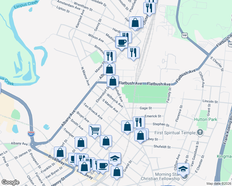 map of restaurants, bars, coffee shops, grocery stores, and more near 65 Flatbush Avenue in Kingston