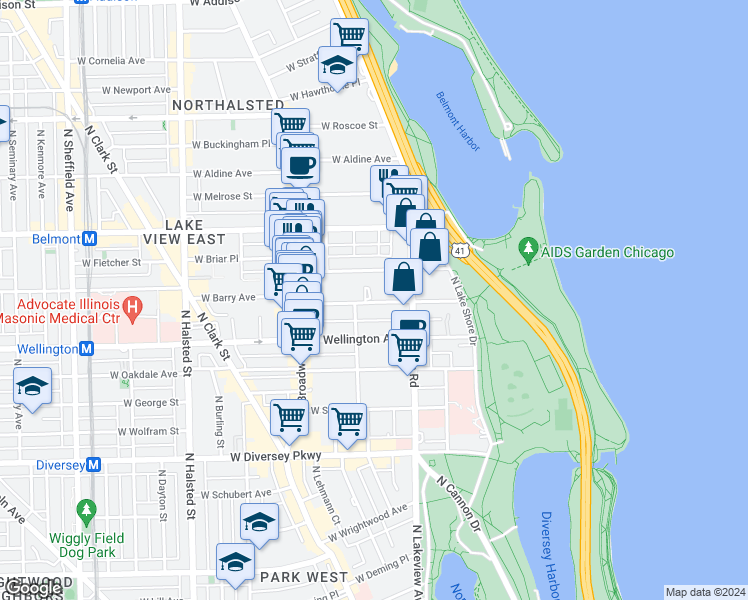 map of restaurants, bars, coffee shops, grocery stores, and more near 423A West Briar Place in Chicago