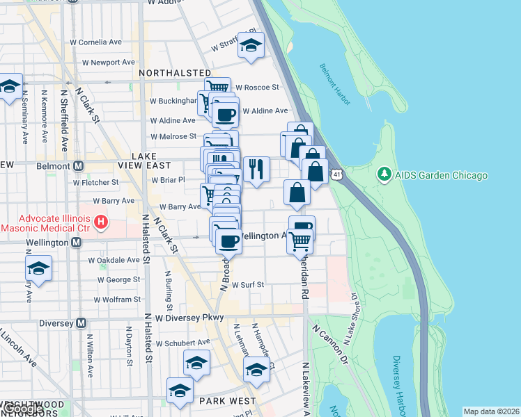 map of restaurants, bars, coffee shops, grocery stores, and more near 463 West Briar Place in Chicago