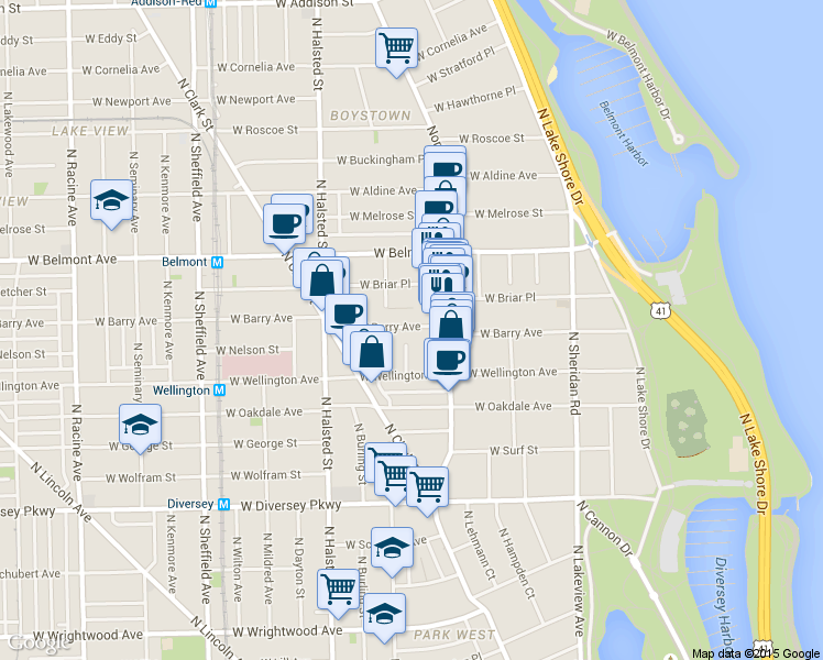 map of restaurants, bars, coffee shops, grocery stores, and more near 3117 North Orchard Street in Chicago