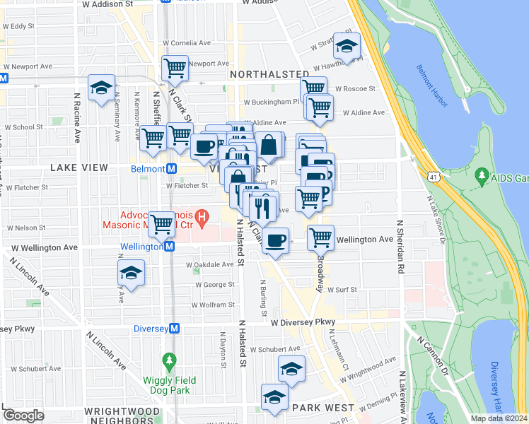 map of restaurants, bars, coffee shops, grocery stores, and more near 727 West California Terrace in Chicago