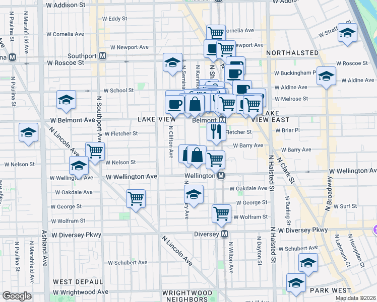 map of restaurants, bars, coffee shops, grocery stores, and more near 3112 North Kenmore Avenue in Chicago