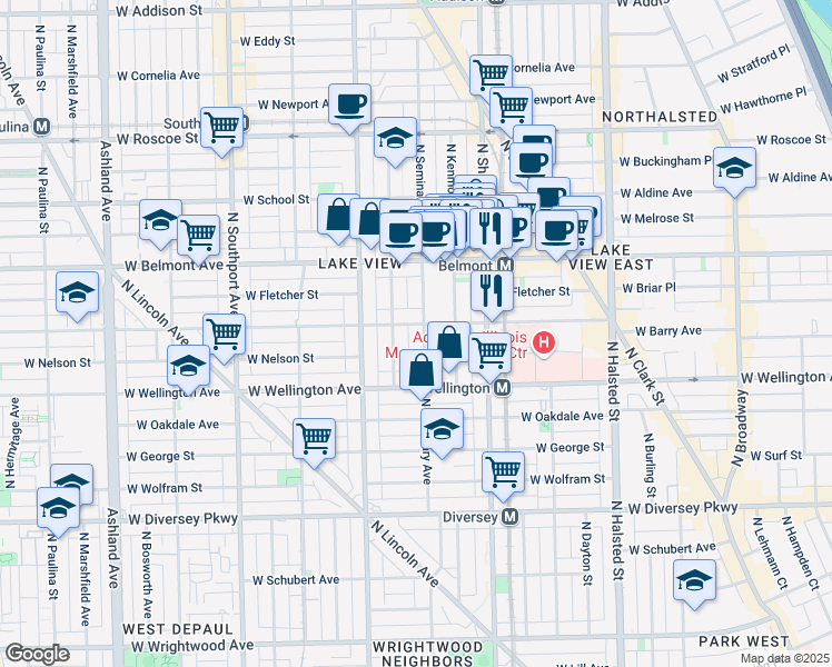 map of restaurants, bars, coffee shops, grocery stores, and more near 3116 North Seminary Avenue in Chicago